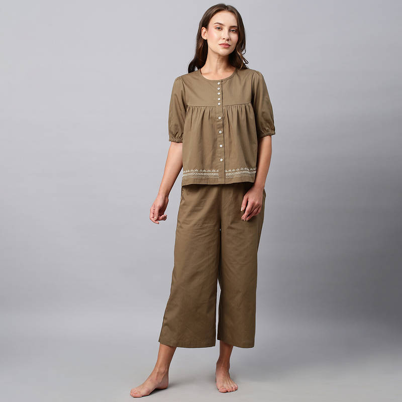Chemistry Crisp Poplin Co-Ord Embroidered Swing Basque Top And Cropped Pj'S Olive (Set of 2) (2XL)