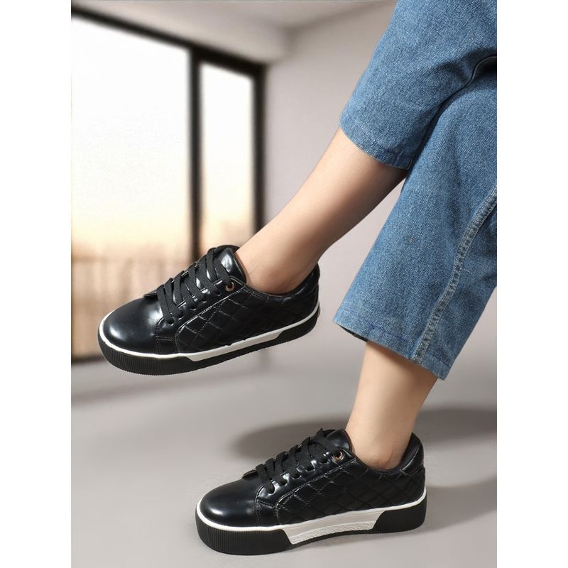 Carlton London Black Lace-Ups Textured Women Sneakers (EURO 37)