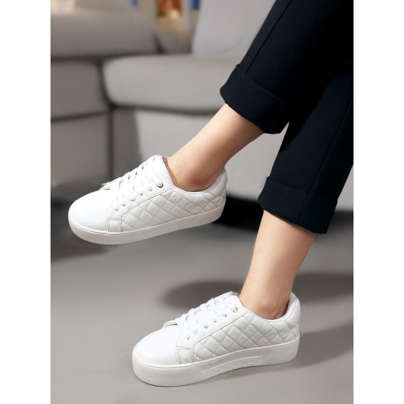 Carlton London White Lace-Ups Textured Women Sneakers (EURO 39)