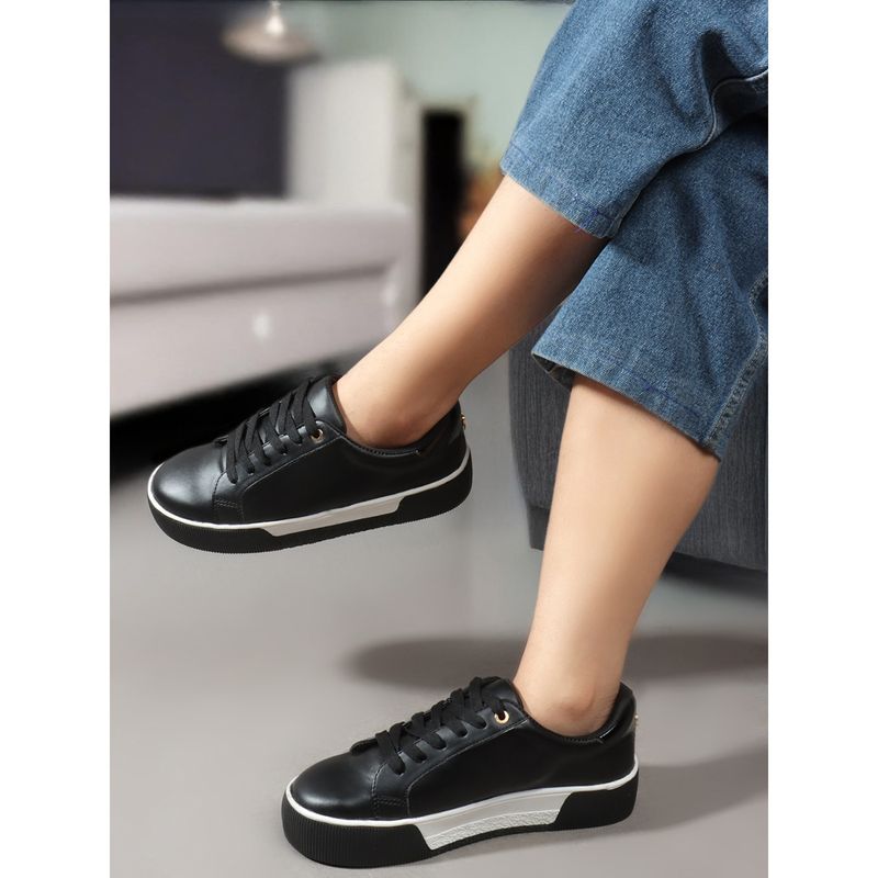 Carlton London Black Lace-Ups Textured Women Sneakers (EURO 39)