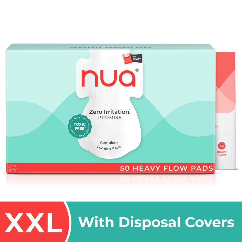 Nua Complete Comfort Heavy Flow Sanitary Pads - Pack of 50 with Disposal Covers