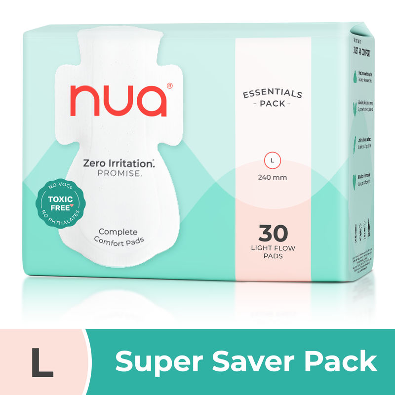 Nua Complete Comfort Pads Zero Irritation Promise Essentials Pack Super Saver 4x Comfort 100% Toxic-free Light FLow