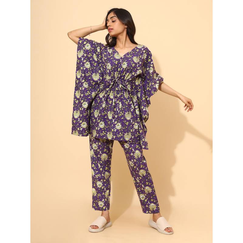 YELLOW BLOOM Petal Purple Kaftan with Pajama (S)