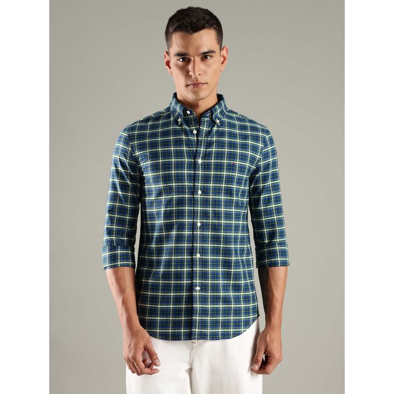 Tommy Hilfiger Teal Checks Slim Fit Oxford Shirt (S)