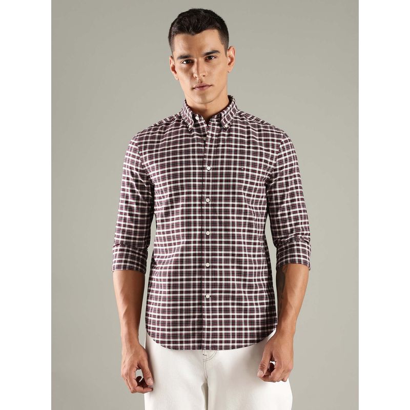 Tommy Hilfiger Maroon Checks Slim Fit Oxford Shirt (XS)