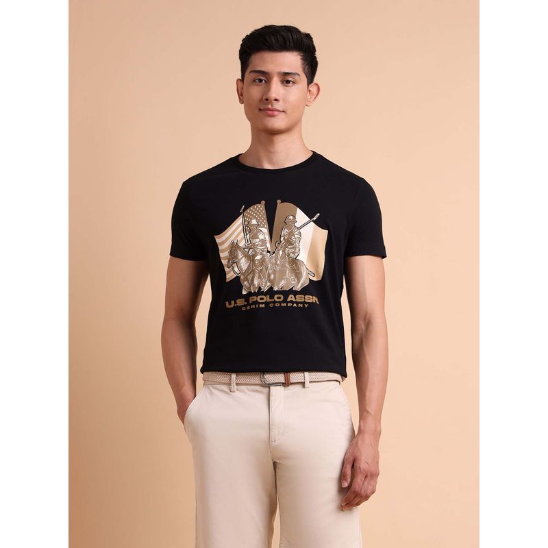 U.S. Polo Assn. Denim Co. Black Men's Pure Cotton Brand Printed T-Shirt (S)