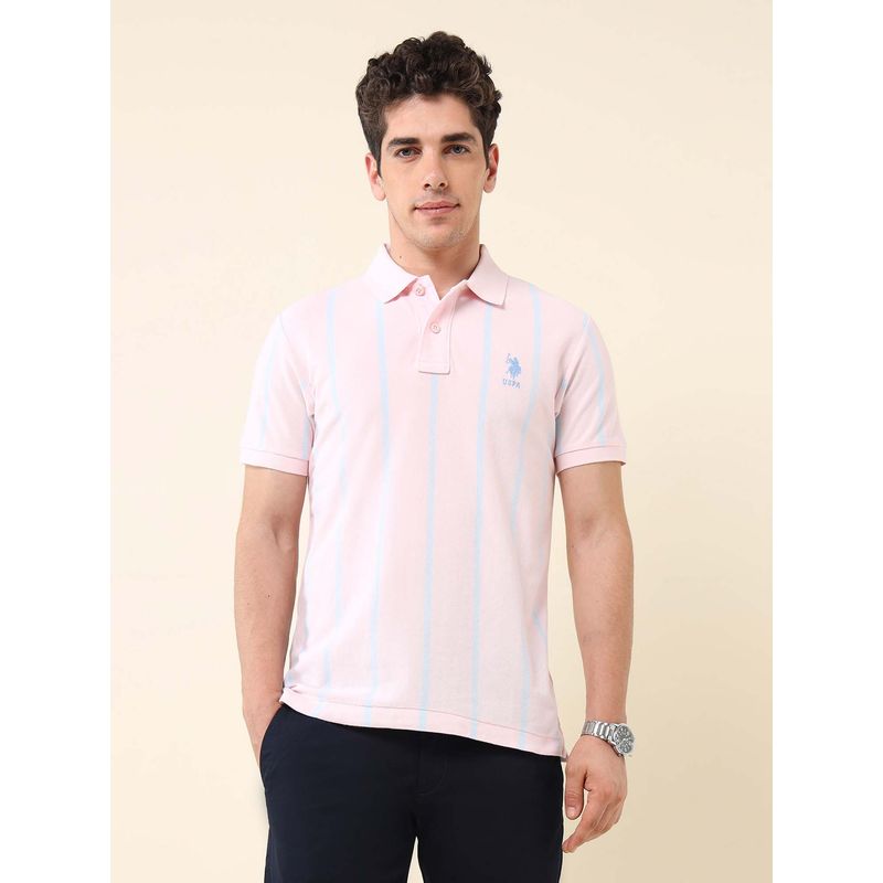 U.S. POLO ASSN. Pink Men's Vertical Striped Pure Cotton Polo T-Shirt (XL)