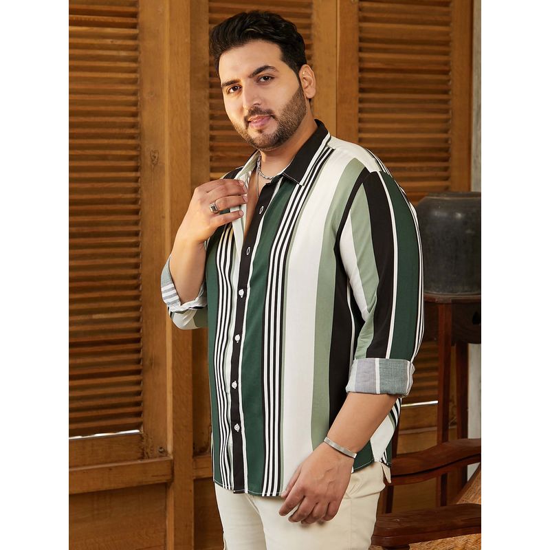 Instafab Plus Men's Jungle Green and Cream White Multitrack-Striped Shirt (6XL)