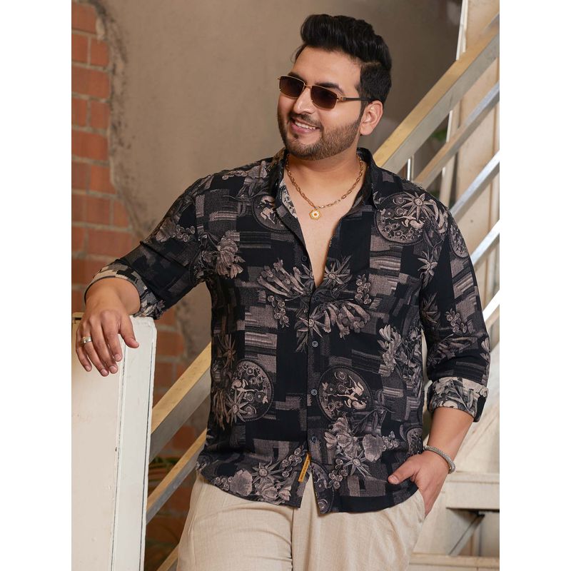 Instafab Plus Men's Midnight Black Bloom-Imprint Shirt (6XL)