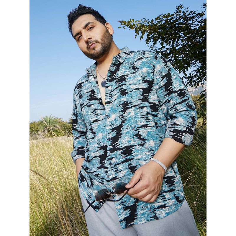 Instafab Plus Men's Sky Blue and Midnight Black Contrast-Scuff Shirt (5XL)