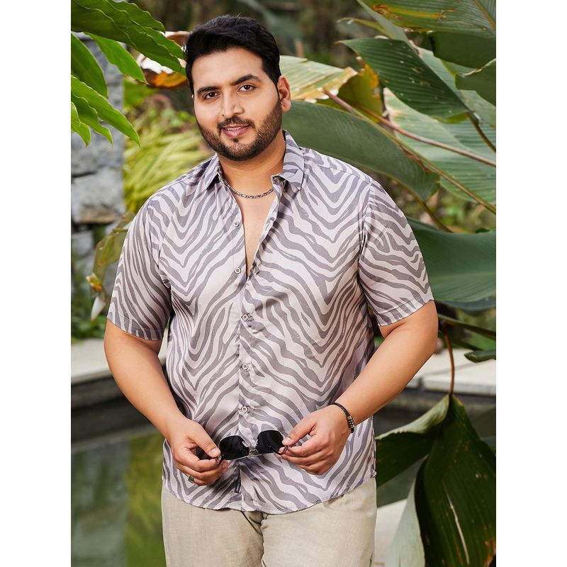 Instafab Plus Men's Charcoal Grey Zebra Satin Shirt (3XL)