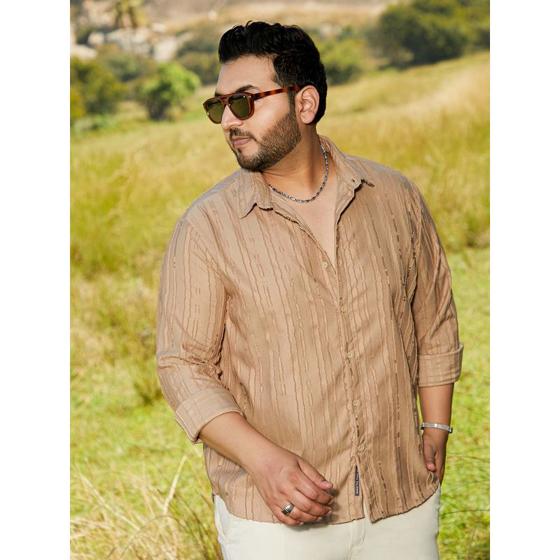 Instafab Plus Men's Camel Beige Ripple-Edge Shirt (5XL)