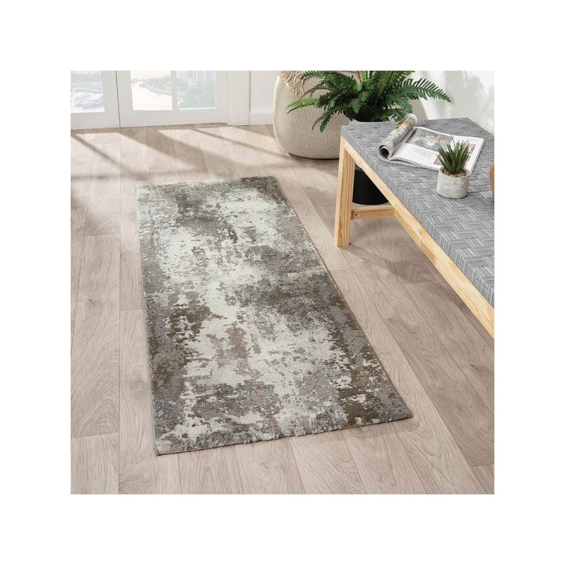 OBSESSIONS Machine Made Anti-Static Abstract Bedside Runner, Grey & Brown (2x5 feet)