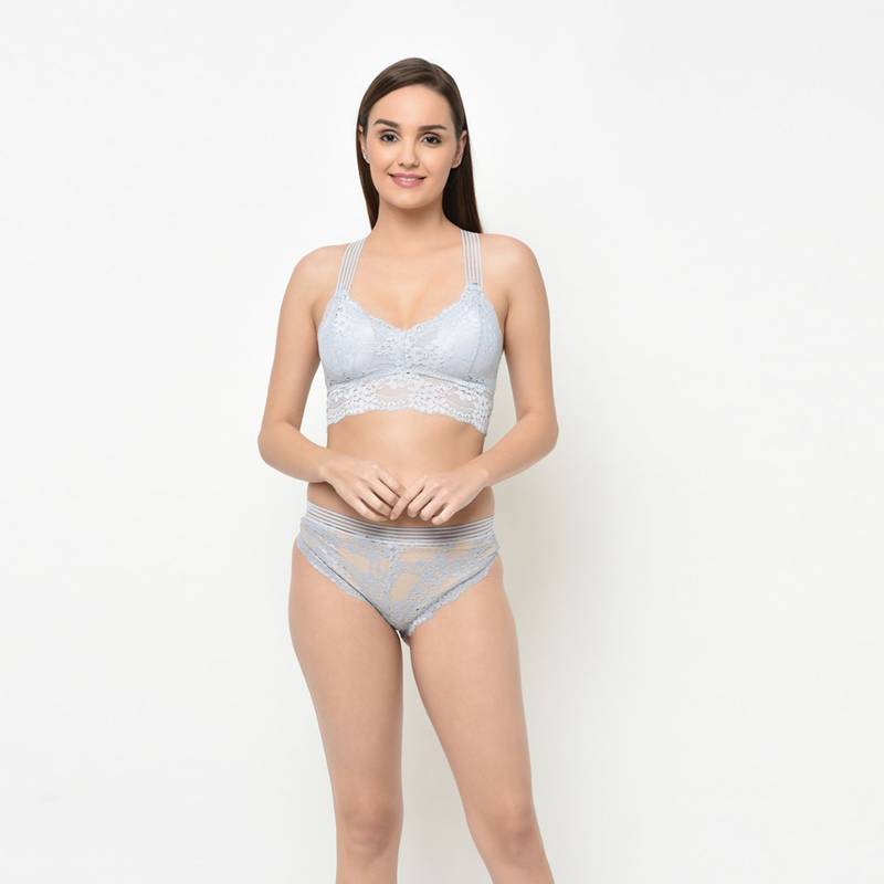 Da Intimo Smooth Lace Cage Bralette Set - Grey (32C)