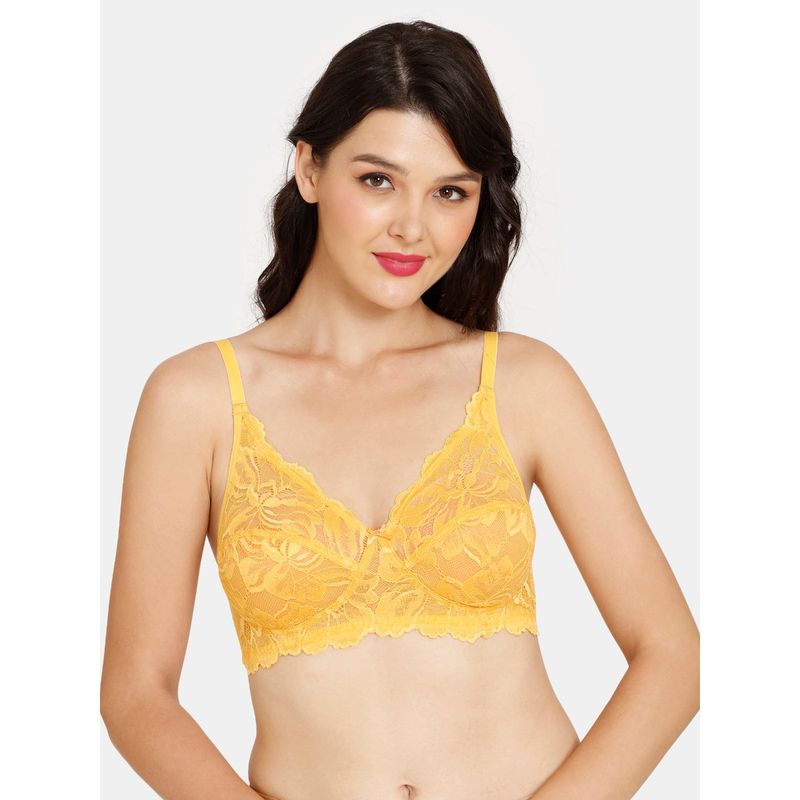Zivame Rosaline Everyday Double Layered Non Wired 3-4th Coverage Lace Bra - Amber Yellow (36D)