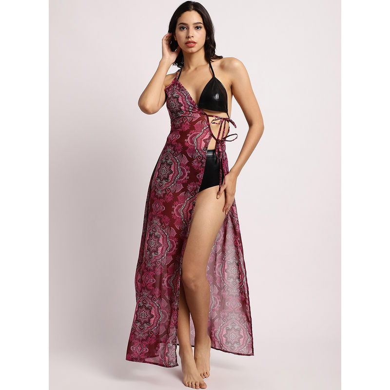 Erotissch Women Purple Ethnic Motifs Printed Semi Sheer Maxi Swimwear Cover Up Dress (XL)
