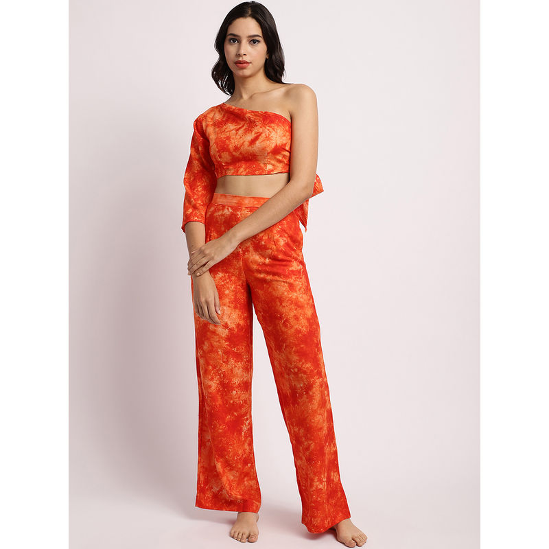 Erotissch Women Orange Tie & Dye Cotton Top & Pant Swimwear Cover Up (Set of 2) (S)