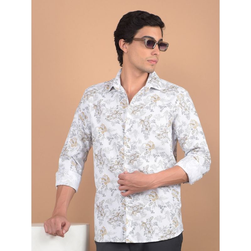 CRIMSOUNE CLUB Men White Floral Print Pure Cotton Shirt (L)