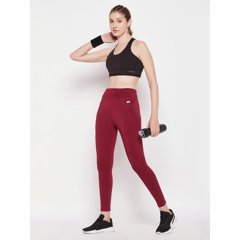 Clovia High Rise Active Tights In Maroon (S)