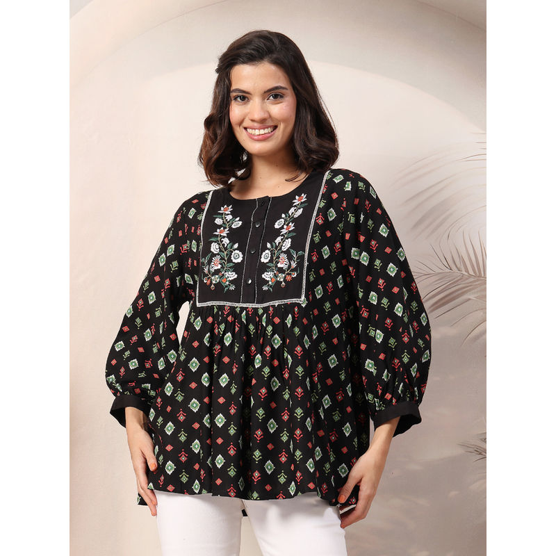 Zelena Women Black Rayon Printed Maternity Zipless Feeding Top (M)