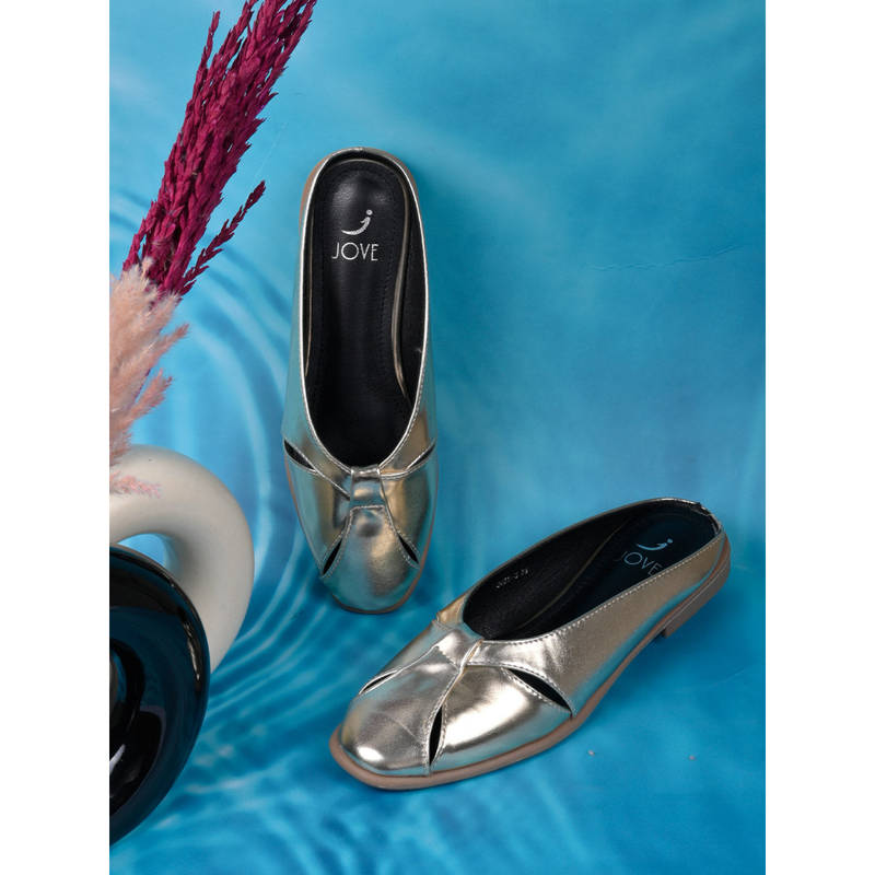 Jove Women Gold Solid Mules (EURO 36)