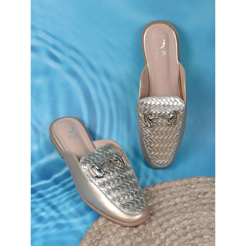 Jove Women Gold Metallic Woven Design Mules (EURO 36)