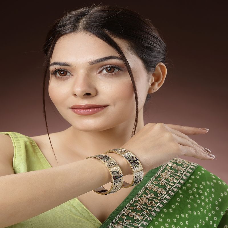 NVR Women Set of 2 Gold-Plated Peacock Design Meenakari Handcrafted Bangles (2.6)