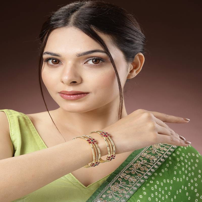 NVR Women Set of 2 Gold-Plated Artificial Stones Handcrafted Traditional Bangles (2.6)