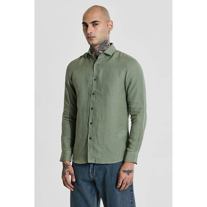 Snitch Green Slim Fit Linen Shirt (XL)