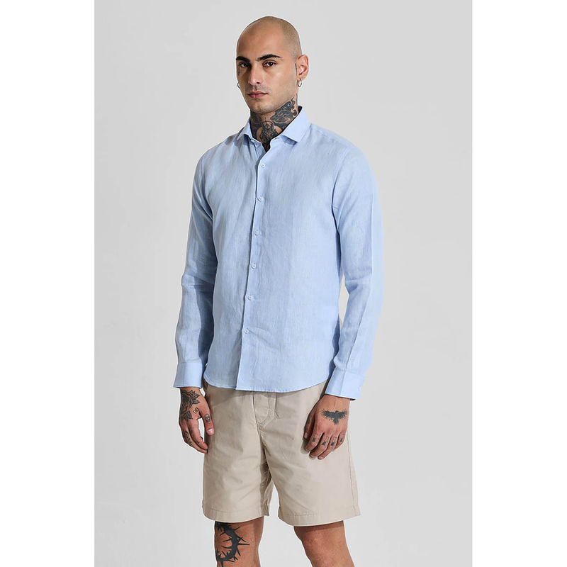 Snitch Light Blue Slim Fit Linen Shirt (XL)