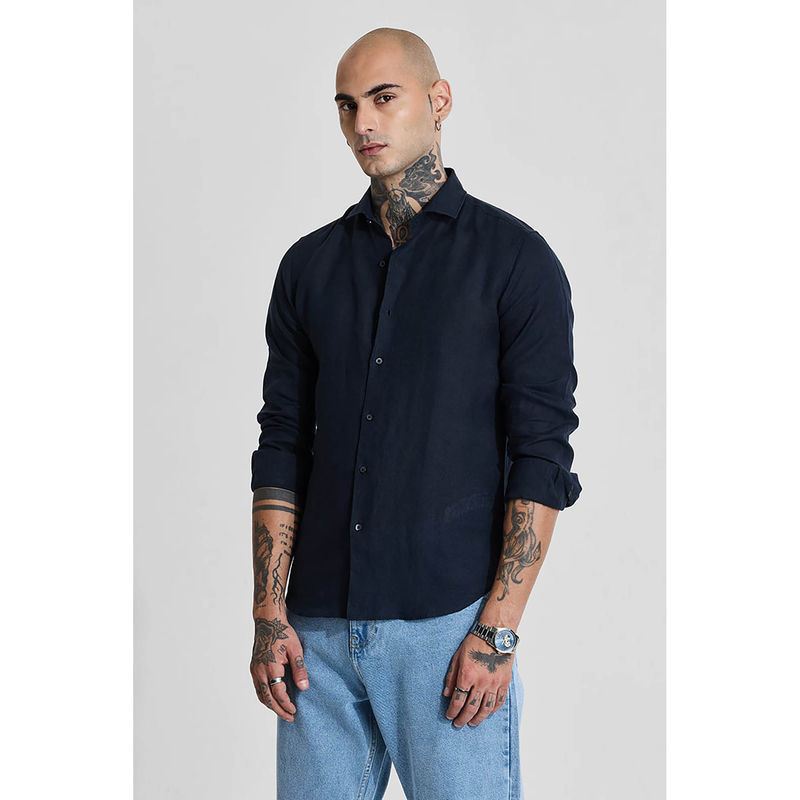 Snitch Navy Blue Slim Fit Linen Shirt (S)
