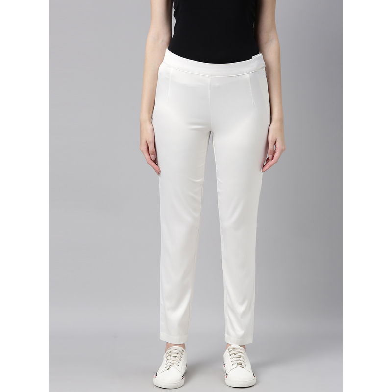 Go Colors Women Solid Polyester Mid Rise Shiny Pants - White (L)