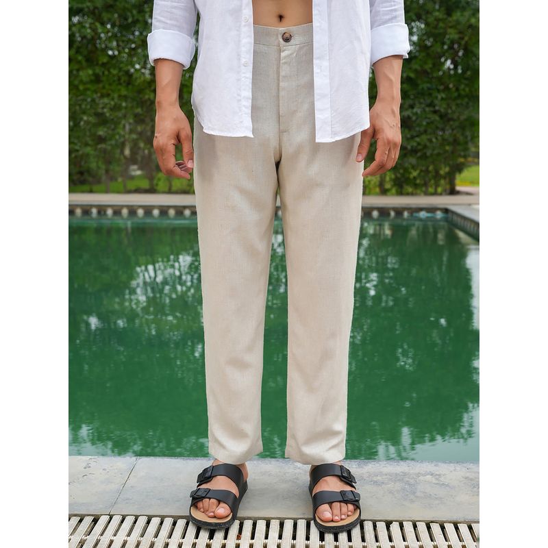 Perch Natural Beige Solid Linen Trouser (32)