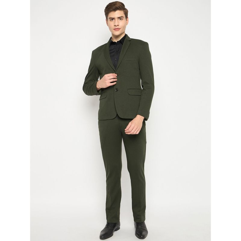 Club York Men Olive Full Sleeve Solid Notched Lapel Suit Set (Set of 2) (M)