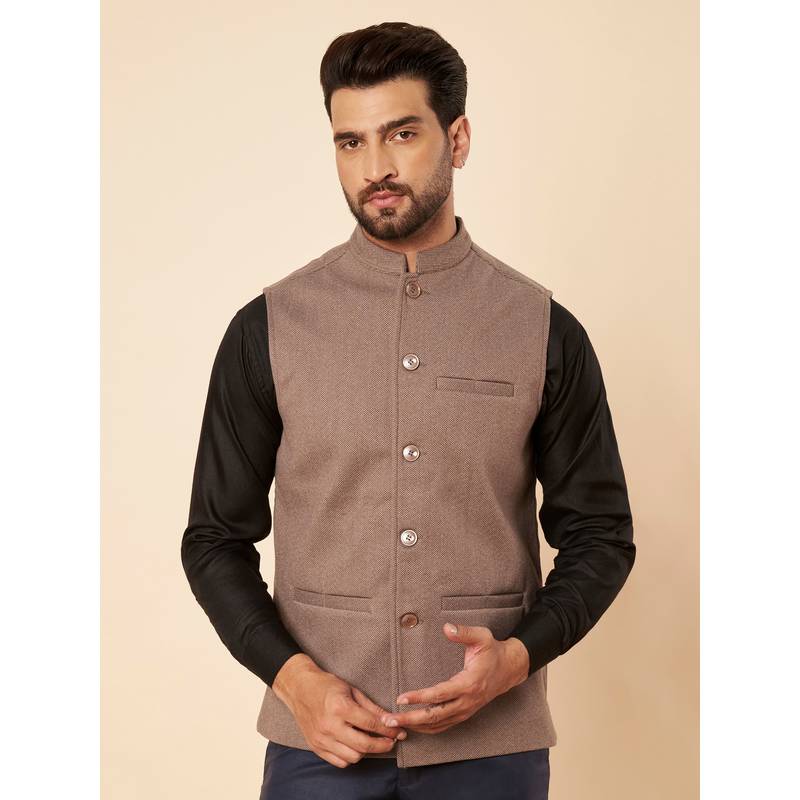 Zamour Brown Men Wool Blend Mandarin Neck Nehru Jacket (M)