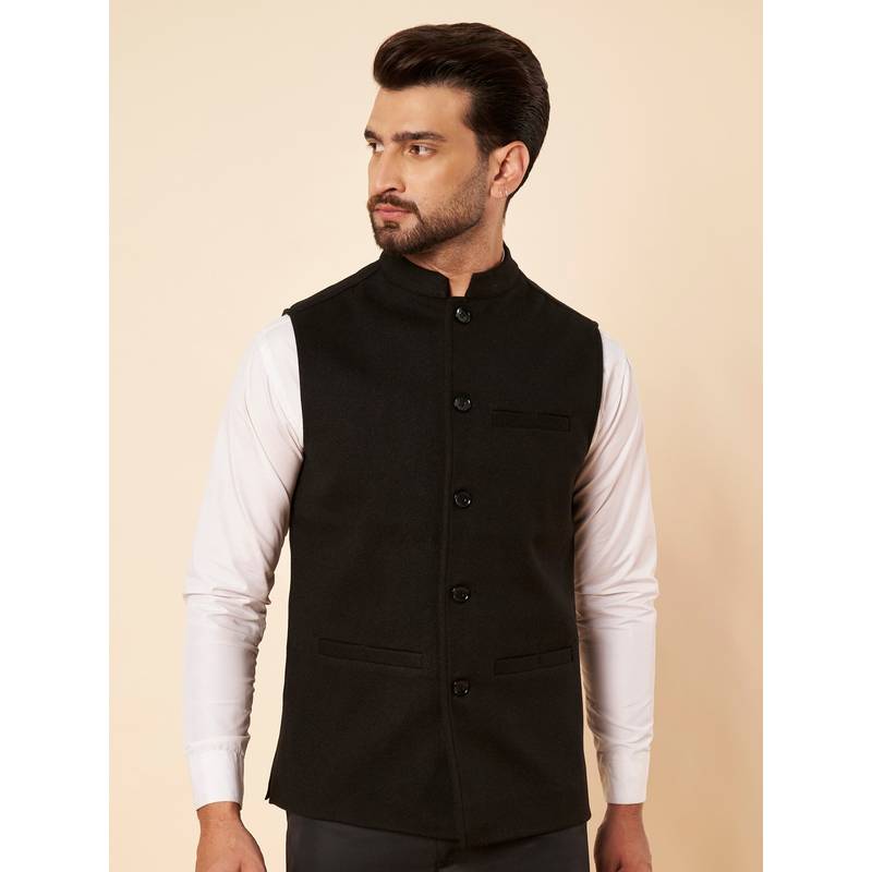 Zamour Black Men Wool Blend Mandarin Neck Nehru Jacket (L)