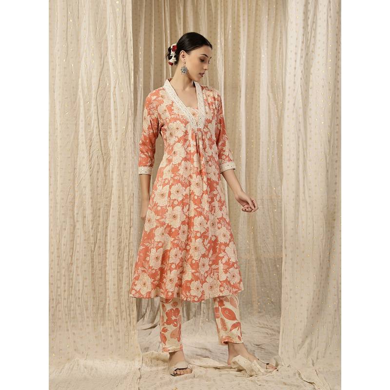 Zelena Rayon Maternity And Nursing Kurta With Pant - Postpartum Wear - Coral Pink (M)
