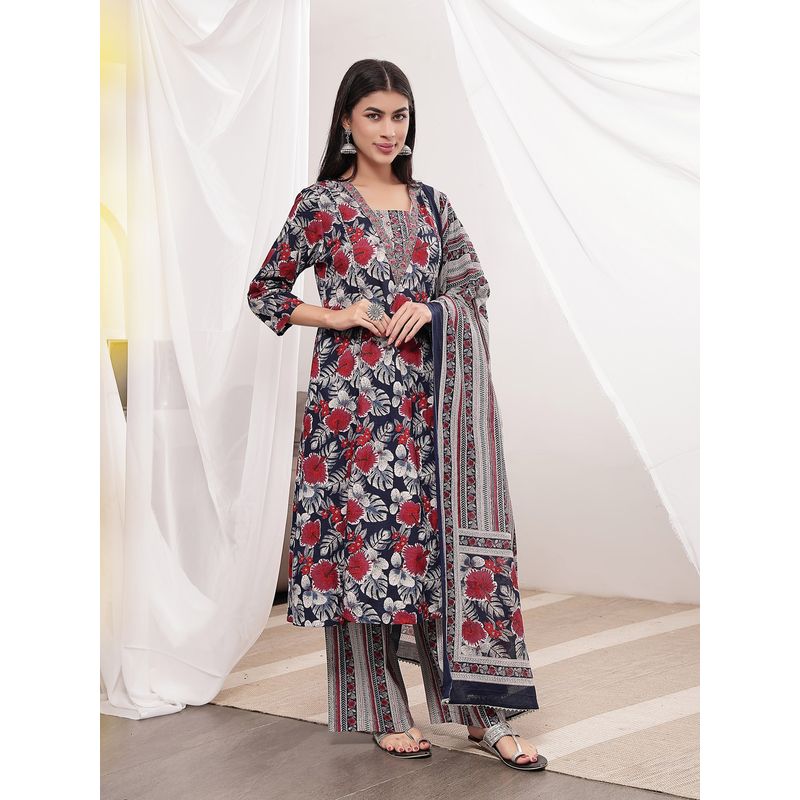 Zelena Cotton Maternity Kurta & Pant With Dupatta - Zip Feeding - Navy Blue (M)