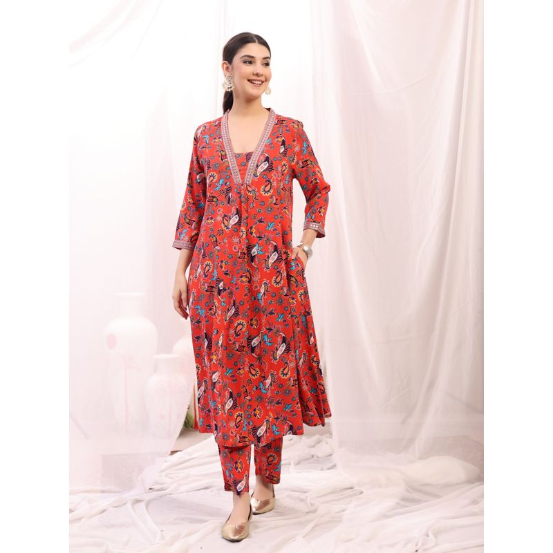 Zelena Rayon Maternity And Nursing Kurta With Pant - Postpartum Wear - Red Floral (XL)