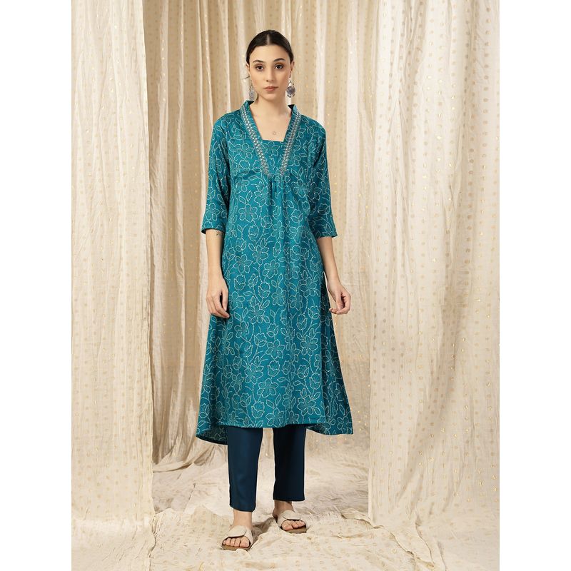 Zelena Rayon Maternity Kurta With Pant - Zip Feeding, Postpartum Wear - Teal Blue (M)