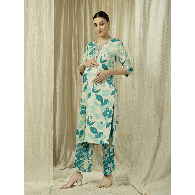 Zelena Rayon Maternity Kurta With Pant - Button Access - White Teal Floral (M)