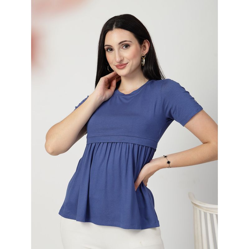 Zelena Viscose Maternity Feeding Top - Zipless, Stretchable And Soft Nursing Wear - Navy Blue (M)