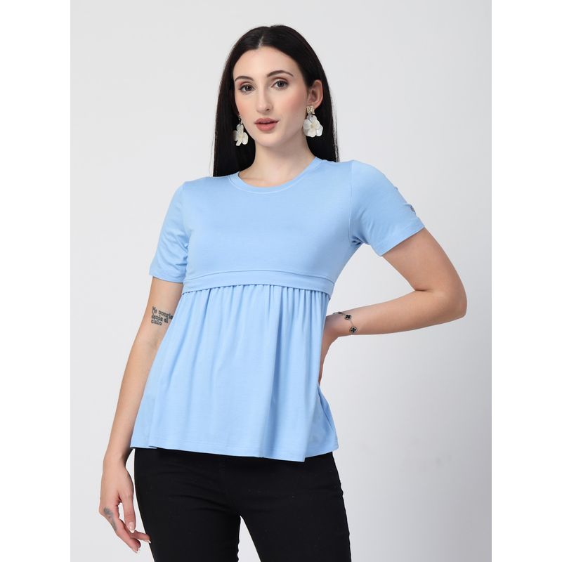 Zelena Viscose Maternity Feeding Top - Zipless, Stretchable And Soft Nursing Wear - Ice Blue (M)