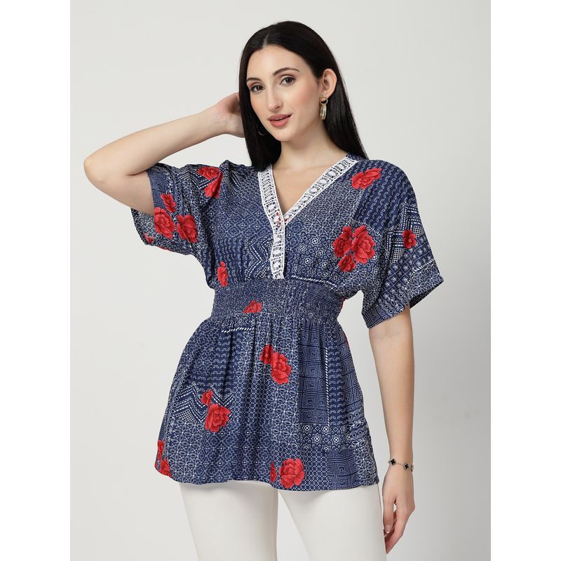 Zelena Floral Rayon Maternity Top - Zipless Feeding, V-Neck Button Closure - Blue (M)