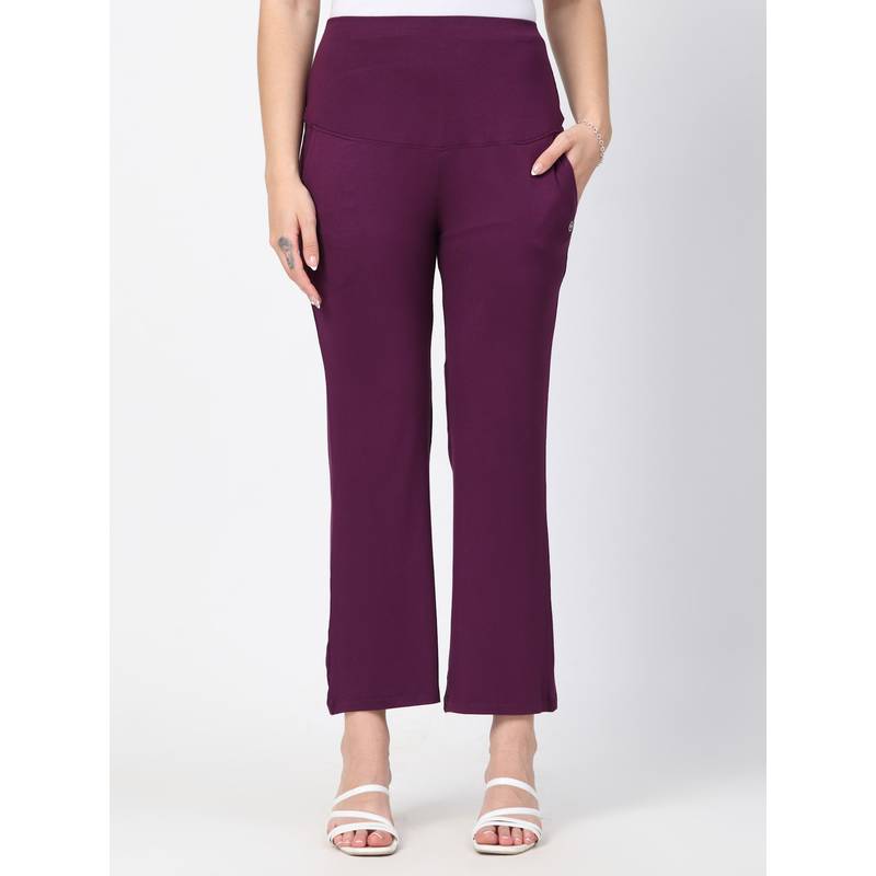 Zelena Flared High Waist Maternity Pants Soft Belly Support - Deep Burgandy (M)