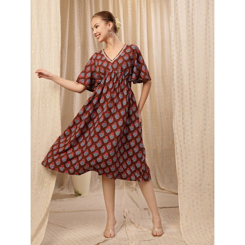 Zelena Rayon Maternity Dress - Zip Feeding, Postpartum Wear - Brown Blue Floral (M)