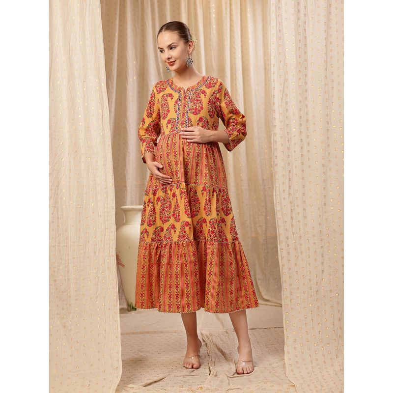 Zelena Ethnic Cotton Maternity Kurti - Zip Feeding And Pocket, Postpartum Wear - Beige (M)