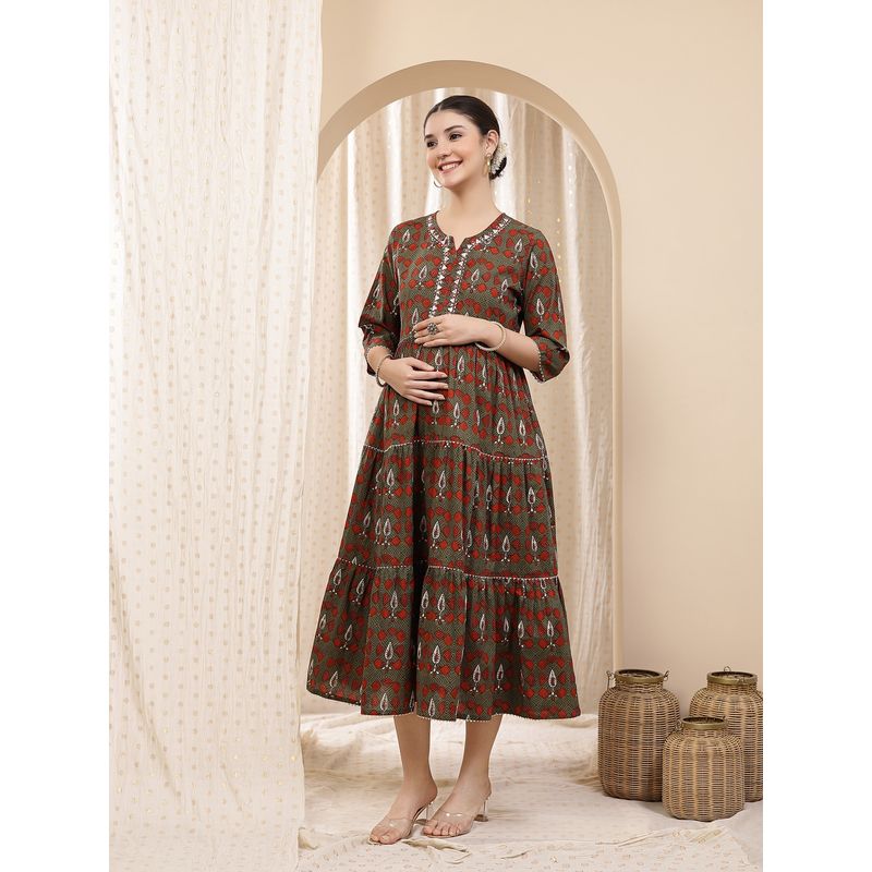 Zelena Ethnic Cotton Maternity Kurti - Zip Feeding And Pocket, Postpartum Wear - Green (M)