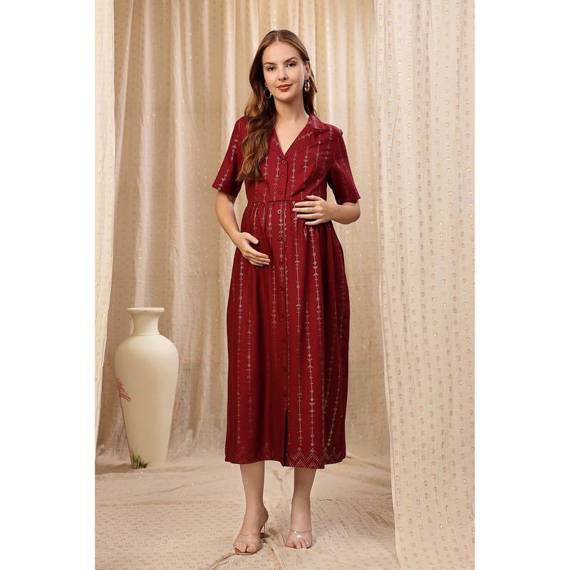 Zelena V-Neck Rayon Maternity Dress - Zipless Feeding, Postpartum Friendly - Burgundy (M)
