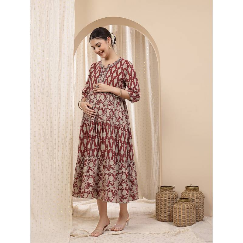 Zelena Ethnic Cotton Maternity Kurti - Zip Feeding And Pocket, Postpartum Wear - Rust (M)